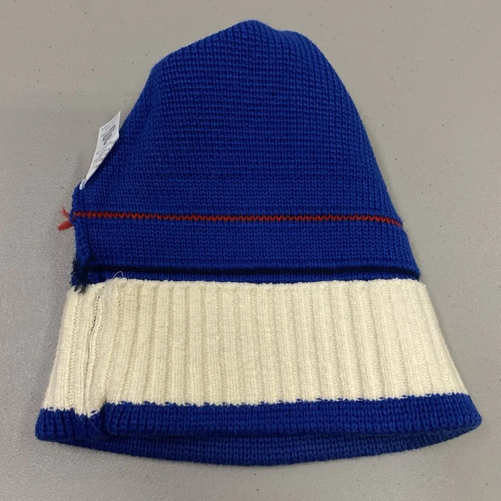 Vintage Smiley Ski Beanie 100% Wool Blue Striped‎ Knit Hat Lycra Headband USA